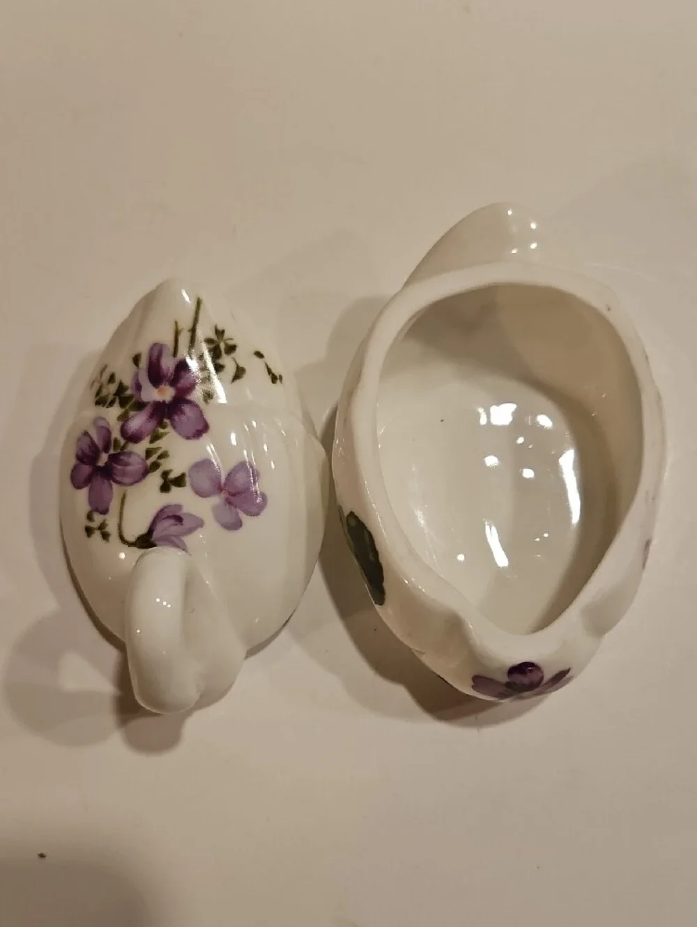 Fine Bone China Swan Trinket Box with Purple Floral Accents Hand Painted